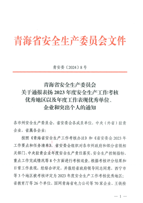 喜報！2023年度安全生產(chǎn)工作優(yōu)秀企業(yè)和突出個人名單揭曉！